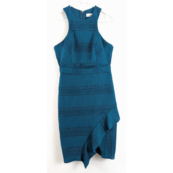 Adelyn Rae sz M Dress Teal Crochet Lace geometric ruffle hem tank sheath 3077 - Picture 1 of 7
